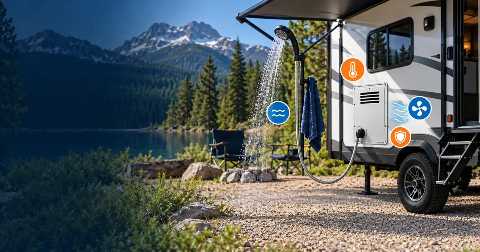 A portable outdoor shower running warm water beside an RV at a lakeside mountain campsite, fed by a wall-mounted propane tankless water heater, with temperature, water, ventilation, and safety icons.