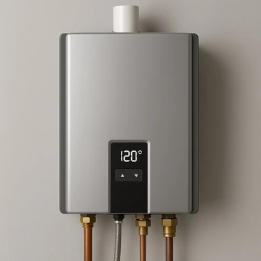 Modern tankless water heater with digital display showing 120°F temperature