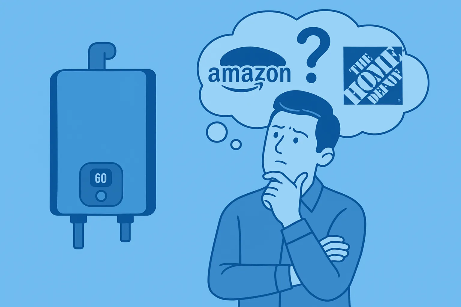 Home Depot tankless hot water heater comparison showing person deciding between Amazon and Home Depot for buying tankless water heaters
